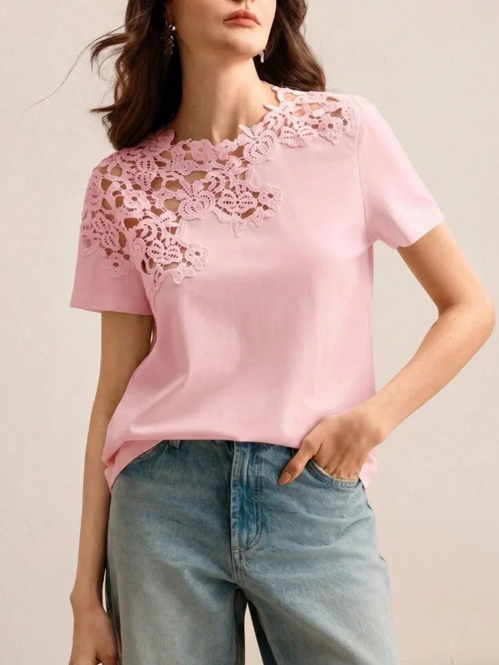Pink Casual Women's Lace Embroidered Patchwork Hollow-Out Short Sleeve T-Shirt - Picture 5 of 8